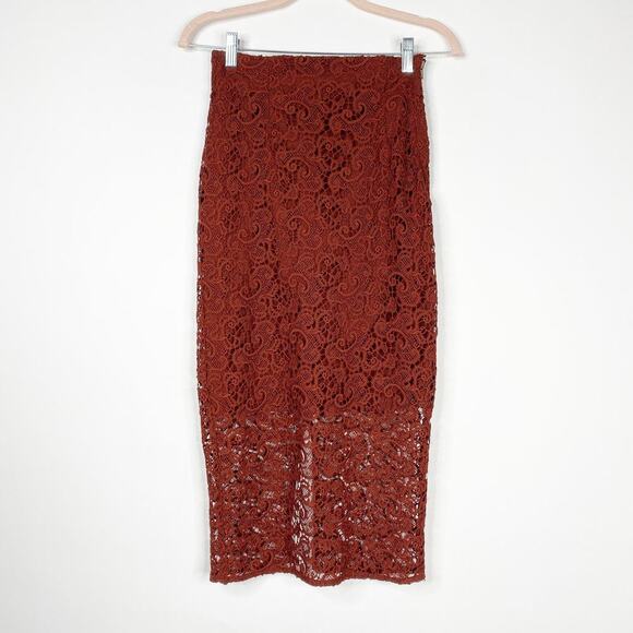 2/$30 ZARA Guipure Lace Crochet Pencil Skirt XS Terracotta Back Slit Midi #6361 - Picture 3 of 14
